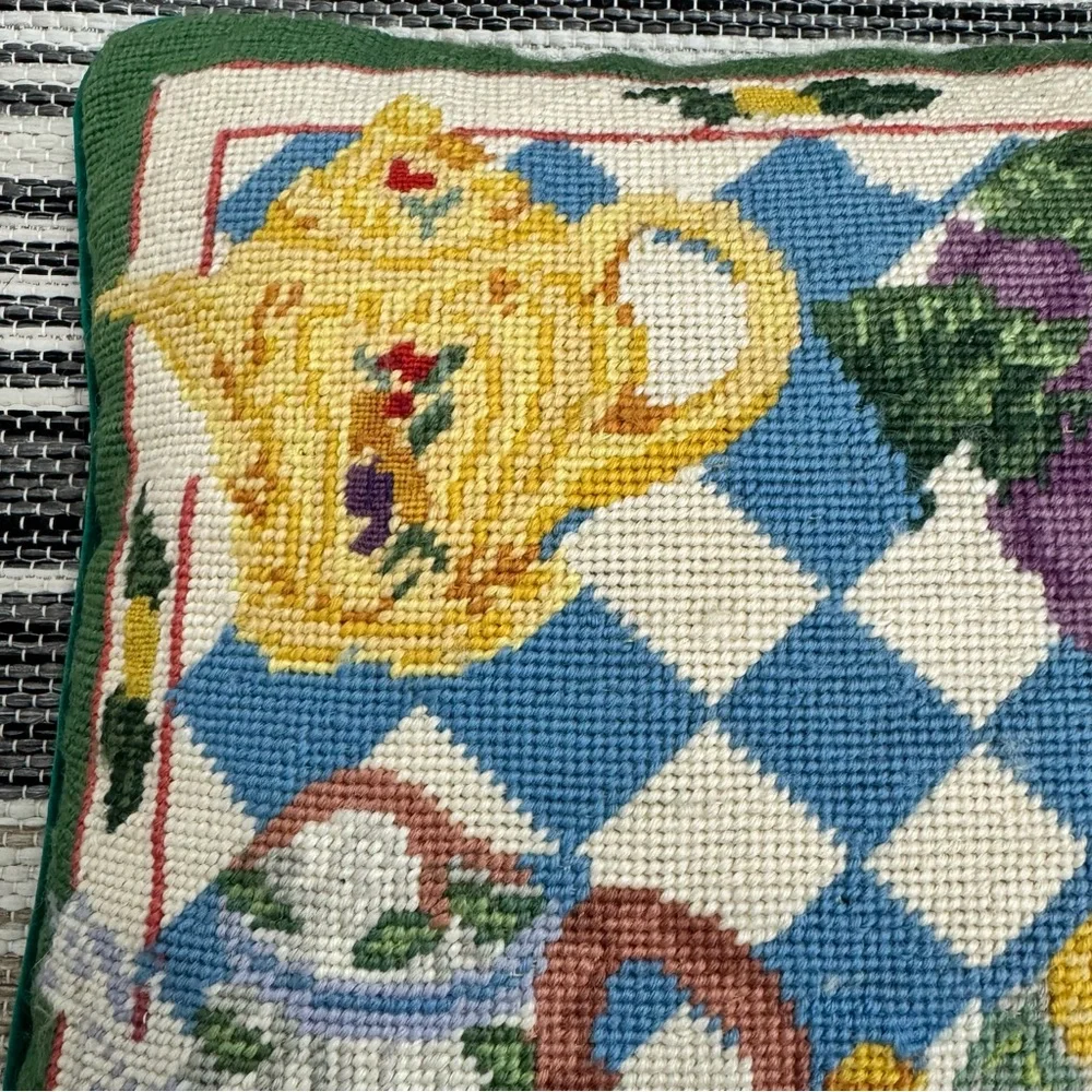 Vintage Wool‎ Needlepoint Multicolor Throw Pillow Teapot Collection